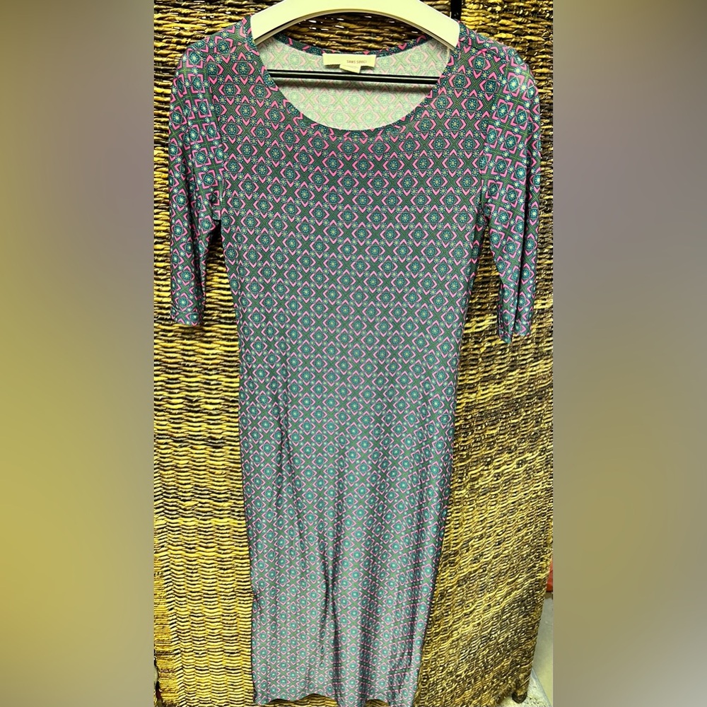 Sans Souci Green‎ pattern- Midi Dress Scoop Neck Long Sleeve Casual-Medium